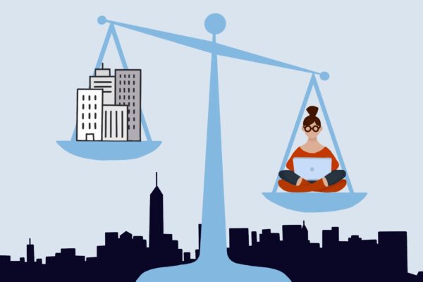 Graphic depicting an arm balance scale with a woman on a computer on one side, heavier than the buildings on the other.