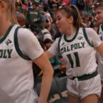 Cal Poly women's basketall players high-fiving members of the crowd