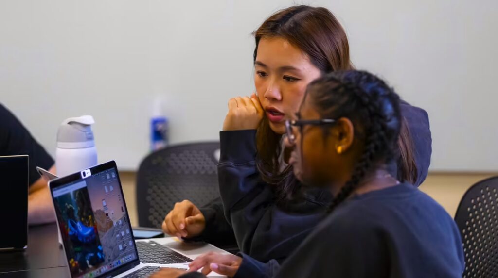 Students use a laptop to work on an assignment